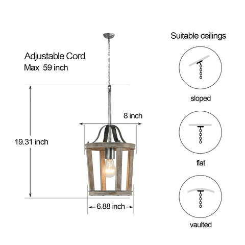 Small Rustic Farmhouse Wooden Pendant Light 1 Light Hanging Ceiling Fixture For Kitchen Island Foyer Dining Room Bedroom Living Room Handmade Antique Style With Adjustable 59-Inch Chain E26 Socket Dimmer Ready Bulb Not Included shown with dimensions and suitable ceilings