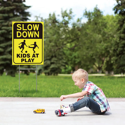 Two Pack Kids At Play Signs For Street With Metal Stakes Double Sided 16 By 12 Inch Children At Play Safety Signs