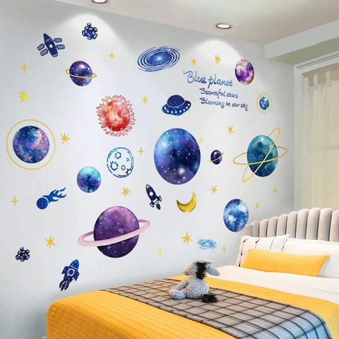 Galaxy Wall Sticker For Kids Room Removable 3D Milky Way Space Decor with planets and stars on bedroom wall above bed