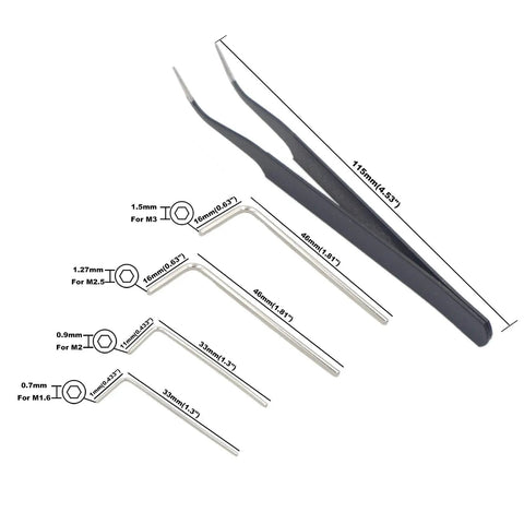 Diagram showing sizes of hex wrenches and tweezers included in Metric Stainless Steel Internal Hex Drive Cup Point Set Screws Kit.