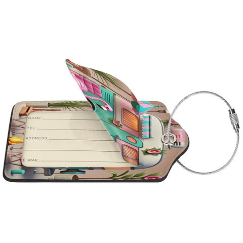 Camping RV Luggage Tag With Stainless Steel Ring, PU Leather Travel Suitcase Tag showing privacy flap open on ID form