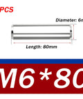 Five Pack 304 Stainless Steel Dowel Pins, Precision Ground Solid Pins For CNC Machines, Machinery, Woodworking, Automotive And Industrial Use, 6x80mm Beefy Built To Last Pins For Tight Fits, showing pin dimensions.