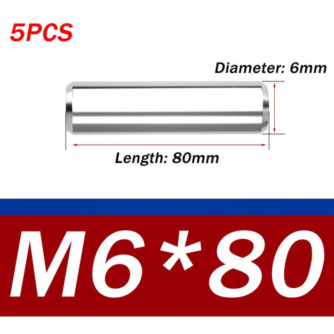 Five Pack 304 Stainless Steel Dowel Pins, Precision Ground Solid Pins For CNC Machines, Machinery, Woodworking, Automotive And Industrial Use, 6x80mm Beefy Built To Last Pins For Tight Fits, showing pin dimensions.