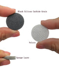 Kick Butt With 120 Pcs Premium 1 Inch Foam Sanding Discs featuring Hook Loop Fastener And Dust Venting Design for Smooth Car Paint Buffing And Polishing Jobs That Feel Like Magic; showing black silicon carbide grain and velcro backing.