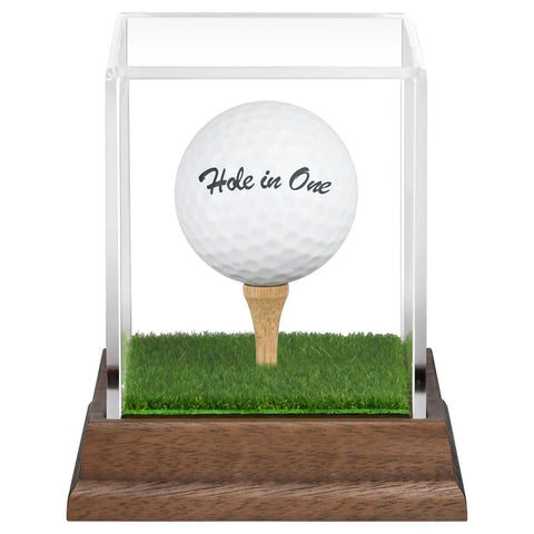 Hole In One Golf Ball Display Case with Realistic Turf Base and Walnut Wood Stand, Clear Acrylic Ball Box with Stable Tee