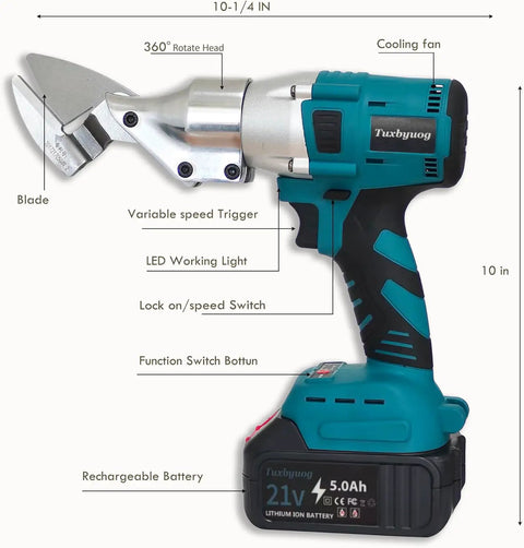 Powerful Cordless Electric Metal Shears With Swivel Head For Cutting Stainless Steel Iron Sheet Metal And Carpet Variable Speed Settings Battery Charger Included Portable Carry Case Made Easy Heavy Duty Cuts showing adjustable speed trigger and blade.