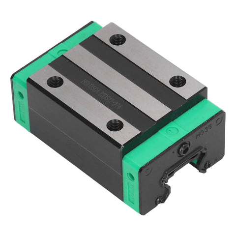 Get The Most Slick High Precision Linear Motion Rail Bearing Block For Your 3D Printer Build With No Clogging Issues, Heavy Duty Steel Construction, And Zero Ball Fall Out For Total Automation Reliability, showing green and black unit.