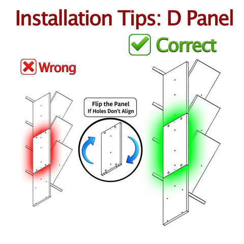 Diagram showing correct installation of D Panel for 6 Tier Tree Bookshelf For Small Spaces, highlighting alignment tips.