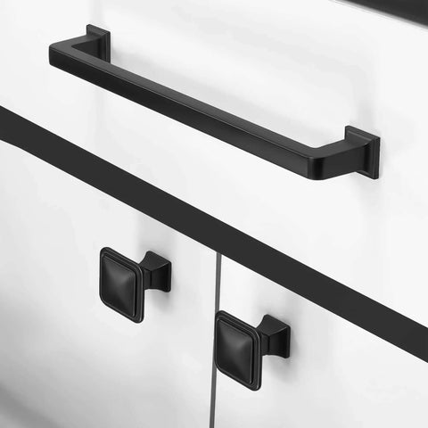 Solid Matte Black Cabinet Pulls Ten Pack Five Inch Center To Center Drawer Handles on white kitchen cabinetry.