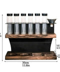 Top Shelf Daily Grind Coffee Bean Storage, 12 Airtight Polycarbonate Tubes, 2 Tier Display Stand with measuring hopper and dimensions.