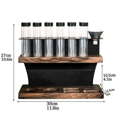 Top Shelf Daily Grind Coffee Bean Storage, 12 Airtight Polycarbonate Tubes, 2 Tier Display Stand with measuring hopper and dimensions.