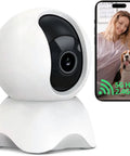 Straight Up Reliable Indoor Security Cam With Smooth 1080P HD Stream And Effortless Dual Band WiFi Pairing For Pets And Little Ones With Solid Night Vision Instant Motion Pings Two Way Chat And Plug Play SD Or Cloud Backup beside smartphone displaying pet.