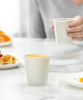 Person holding 6 Oz White Paper Cups 300 Count Small Disposable Cups for Espresso Tea Tastings Mouthwash, breakfast setting.
