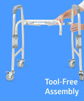 Rock Solid Aluminum Shower Chair Commode With Plush Padded Seat And Smooth Roll Locking Casters shown with tool-free assembly features.