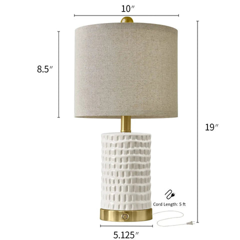 Farmhouse Ceramic Table Lamps Set Of 2 With 3-Way Dimmable Touch Control White Bedside Lamps With USB A And USB C Ports size details