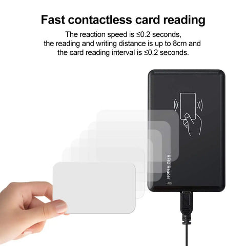 USB 125kHz RFID Card Reader Plug And Play Tap To Read For EM4100 TK4100 Tags showing contactless card reading