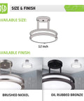 Cool Modern Steel Round Semi Flush Mount LED Ceiling Light Fixture, 12 Inch, 15W 120V, size and finish options diagram with nickel finish