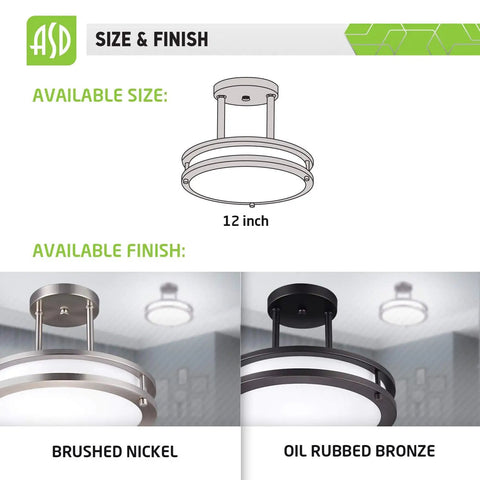 Cool Modern Steel Round Semi Flush Mount LED Ceiling Light Fixture, 12 Inch, 15W 120V, size and finish options diagram with nickel finish
