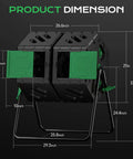 Front view of Dual Chamber 45 Gallon 170L Compost Tumbler With 360 Degree Rotating Design showing dimensions for backyard garden use.