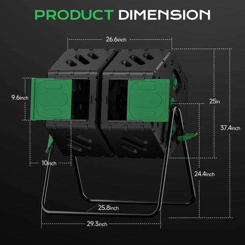 Front view of Dual Chamber 45 Gallon 170L Compost Tumbler With 360 Degree Rotating Design showing dimensions for backyard garden use.