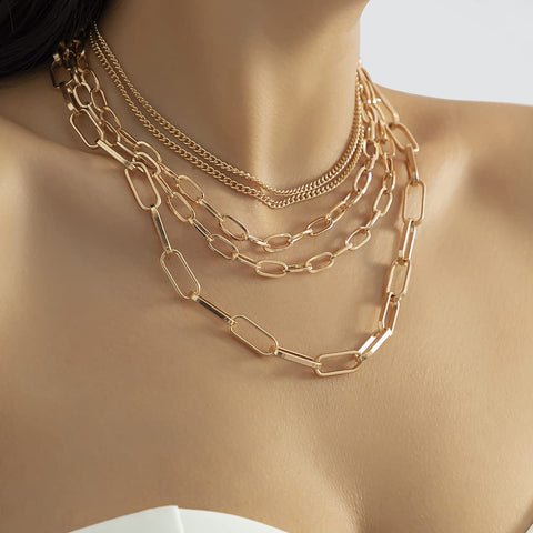 Layered Five Layer Gold Plated And Silver Tone Paperclip Chain Necklace Set For Women 18 Inch With Extension Rope And Ball Chains Punk Style Dope Choker Jewelry