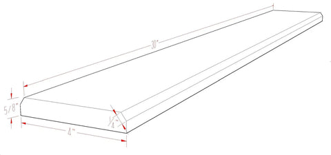 Diagram of Carrara Marble Door Threshold Saddle 4 By 30 Inches Polished Floor Transition For Seamless Hallway, Room, Bathroom, And Entryway Floors Grayish White Stone 5/8 Inch Thick Easy Install, showing dimensions and angles. Illustration emphasizes the polished surface and edges for seamless installation.