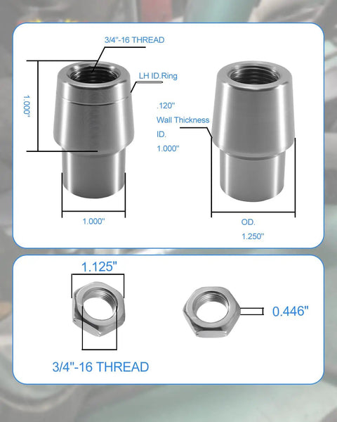 Heavy Duty 3/4 Inch.750 Heim Joint Rod End Kit for Engine Mounts, features detailed hardware dimensions and specifications.