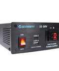 Front view of the 13.8V 30A DC Regulated Beefy Go-To Bench Power Supply With USB-C Quick Charge showing switches and connectors.
