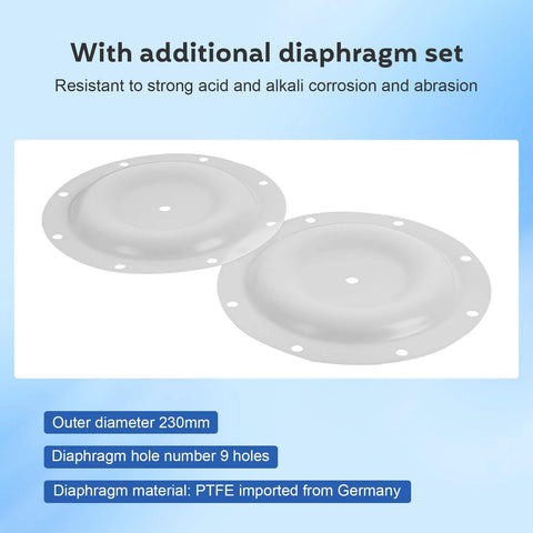 Two white PTFE diaphragms for air-operated pump, 230mm outer diameter, 9 bolt holes