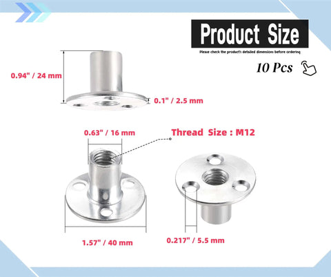 Rock Solid M12 Flange Tee Nuts With Matching Screws 10 Pack Zinc Plated Steel sizes and dimensions for furniture assembly and DIY woodworking projects.