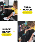 Child using the Back Seat Cover For Kids With 6 Pocket Organizer And Two Pack Kick Mats XL Backseat Protector With Tablet Holder Car Seat Protector For Family Rides To Keep Dirt And Mud Out Black.