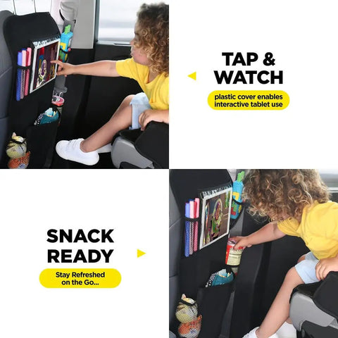 Child using the Back Seat Cover For Kids With 6 Pocket Organizer And Two Pack Kick Mats XL Backseat Protector With Tablet Holder Car Seat Protector For Family Rides To Keep Dirt And Mud Out Black.