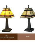 Tiffany Style Cream Stained Glass Mini Table Lamp 8x8x16 Inch, lit and unlit views, handcrafted glass shade, cozy vintage glow for home office