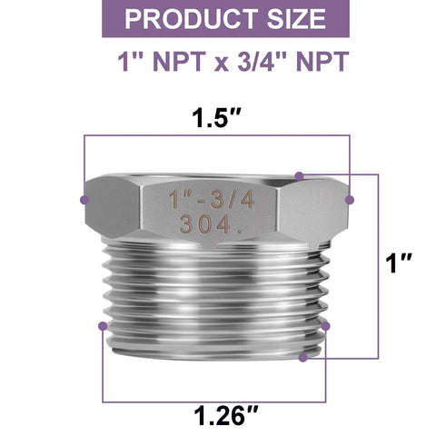 4 Pack Stainless Steel Reducer Hex Bushings 1 MNPT To Three Quarter Inch FNPT Pipe Fitting Adapters With Seal Tape 304 Stainless Steel Water Plumbing Kit, size view