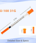 One Milliliter 5/16 Inch Syringe Tips Individually Wrapped 30 Pack With Smooth Plunger shown with dimensions and orange cap