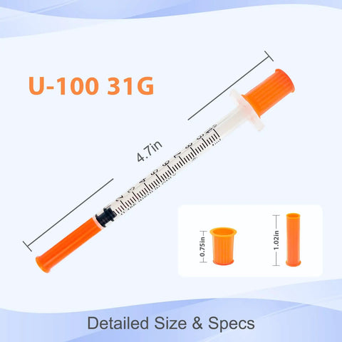 One Milliliter 5/16 Inch Syringe Tips Individually Wrapped 30 Pack With Smooth Plunger shown with dimensions and orange cap