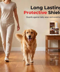 Woman walking a golden retriever on polished wood floors treated with No Sweat Wood Floor Restorer Without Sanding For Hardwood And Laminate.