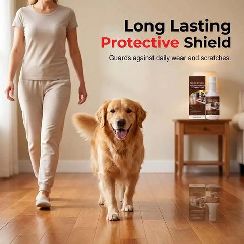 Woman walking a golden retriever on polished wood floors treated with No Sweat Wood Floor Restorer Without Sanding For Hardwood And Laminate.