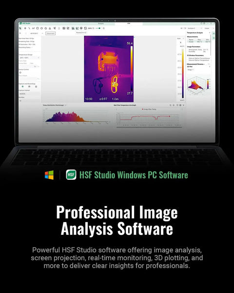 Laptop displaying HSF Studio Windows PC software for image analysis and thermal imaging data processing.