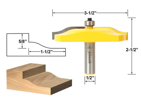 Heavy Hitting Ogee Raised Panel Raiser Bit For Table Router With Half Inch Shank And Knifelike Carbide Edge To Deliver Silky Smooth Cuts For DIY Cabinet Making And Serious Woodworking Shop Gear, showing dimensions and profile.