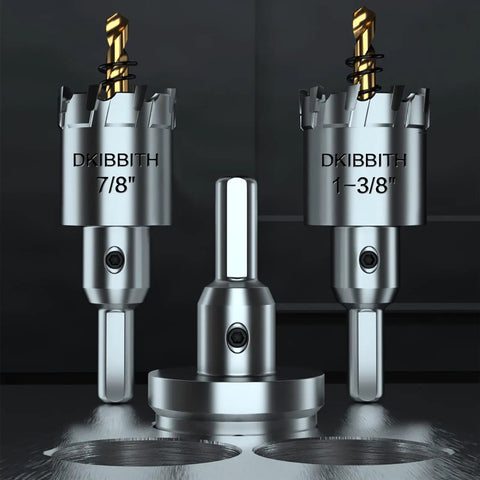 Boss Grade 4 Piece TCT Hole Saw Kit With Tungsten Carbide Tips And Titanium Plated Pilot Drill Bit For Hard Metals Stainless Steel Wood Plastic Cuts Fast And Precise Up To Five Millimeter Thick Materials, showing 7/8" and 1-3/8" saws