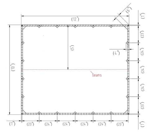 Blueprint showing dimensions of 10 X 12 Tan Canvas Tarp With 12 Oz Heavy Duty Water Resistant Polyester and seams placement.