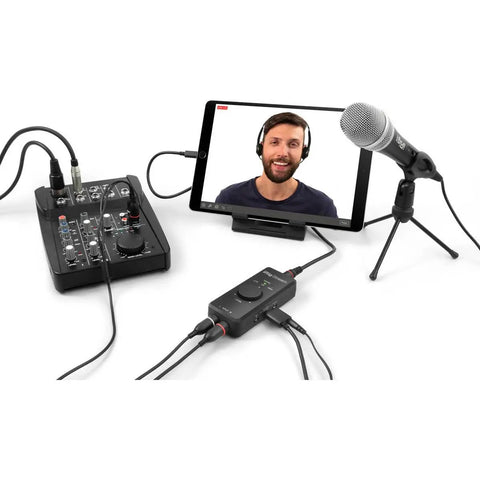 iRig Stream Stereo Audio Interface For iPhone iPad Mac And PC With USB C Lightning And USB Ports 24 Bit 96 KHz Recording setup with mic