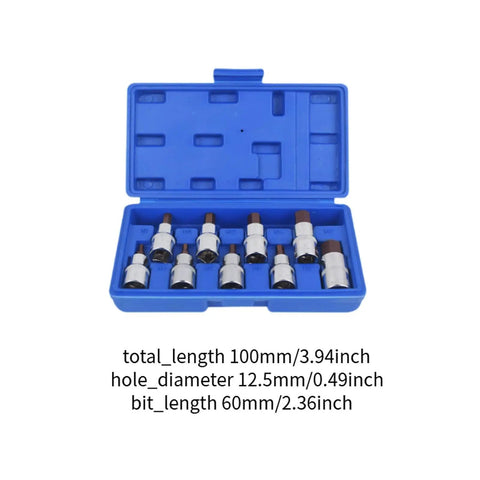 Solid Chrome Alloy Steel Hex Bit Socket Adapter Kit With 9x 1/2 Inch Drive Sockets Designed For Impact Wrenches And Heavy Duty Jobs To Get Your Tools Ready Fast. blue case with 9 chrome alloy steel hex bit adapters, 100mm and 60mm sizes