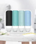 Leak Proof 3oz Travel Bottles TSA Approved Refillable Silicone Containers For Toiletries BPA Free set in clear bag on table