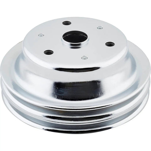 Chrome V Belt Pulley Set For Small Block Chevy Long Water Pump Accessory Drive With 1 Groove Upper And 2 Groove Lower Pulleys