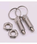 Heavy Duty Stainless Steel Spring Plunger Index Lock Pin Set Two Piece M16 with pull rings and nuts for industrial clamping.