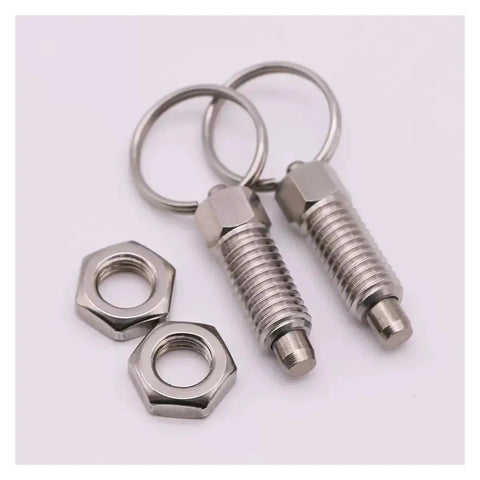 Heavy Duty Stainless Steel Spring Plunger Index Lock Pin Set Two Piece M16 with pull rings and nuts for industrial clamping.