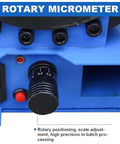 Close-up of a rotary micrometer on a heavy duty manual hydraulic hose crimper, showing precision adjustment features.