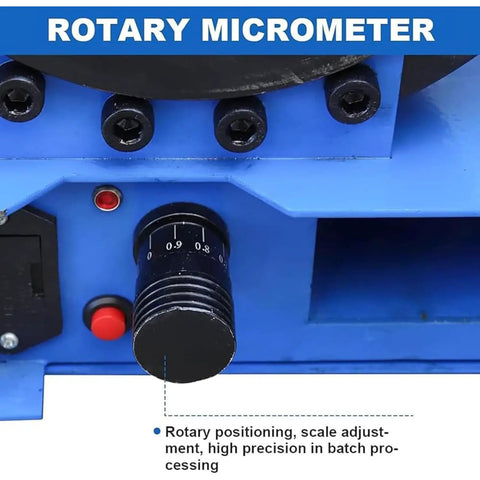Close-up of a rotary micrometer on a heavy duty manual hydraulic hose crimper, showing precision adjustment features.